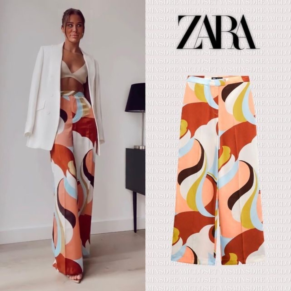 NWOT Zara Multicolor Abstract Print Wide-Leg Trousers